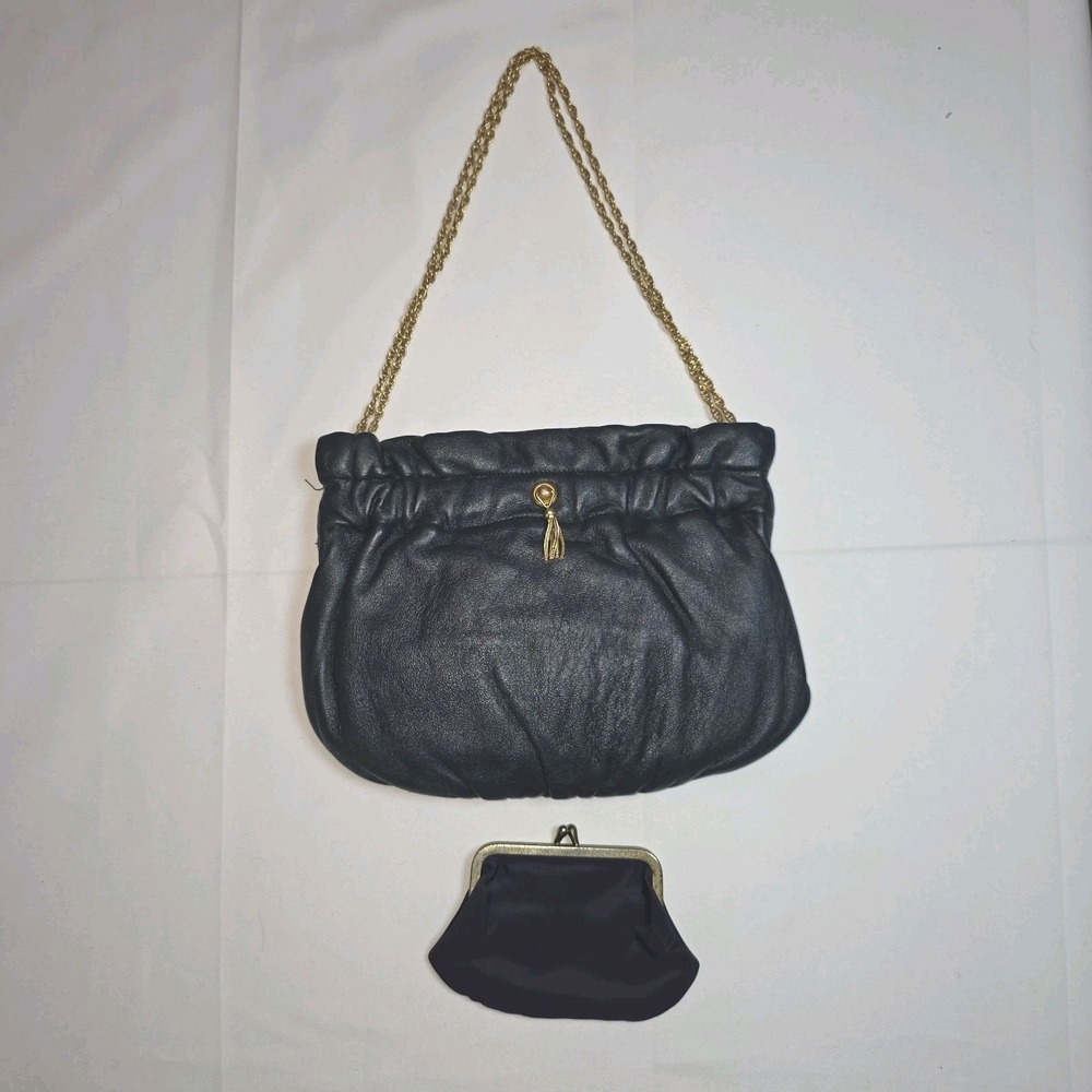 Vintage 1960s Morris Markowitz Navy Leather Evening Bag Gold Chain + Coin Purse